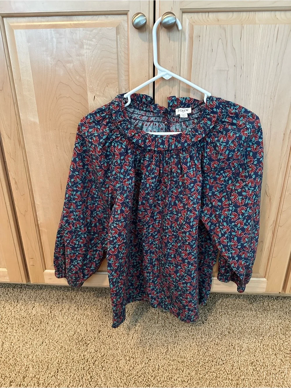 J. Crew Navy Floral Smocked Yoke Blouse with Red and Teal Accents